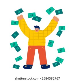 Money, finance, payment sign, icon, composition. Cute hand drawn doodle market, earning, deposit, currency, payment illustration with rich man, falling dollars. Financial business background