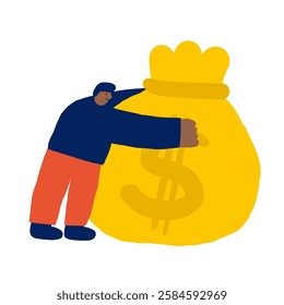 Money, finance, payment sign, icon, composition. Cute hand drawn doodle market, earning, deposit, currency, payment illustration with man embracing money bag. Financial business background