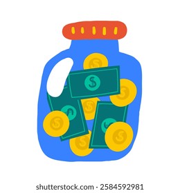 Money, finance, payment sign, icon, composition. Cute hand drawn doodle market, earning, deposit, currency, payment illustration with glass jar, coins, dollars. Financial business background