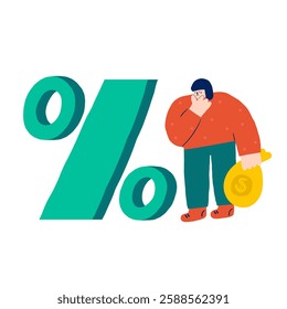 Money, finance, payment sign, icon, composition. Cute hand drawn doodle market, earning, deposit, currency, payment illustration with woman, money bag, percentage. Financial business background