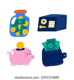 Money, finance, payment sign, icon, composition. Cute doodle market, earning, deposit, currency, payment illustration with glass jar, safe, storage, wallet, piggy bank. Financial business background