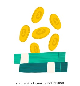 Money, finance, payment sign, icon, composition. Cute hand drawn doodle market, earning, deposit, currency, payment illustration with pile, stack of American dollars, coins.