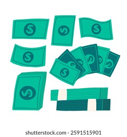 Money, finance, payment sign, icon, composition. Cute hand drawn doodle market, earning, deposit, currency, payment illustration with pile, stack of American dollars. Financial business background