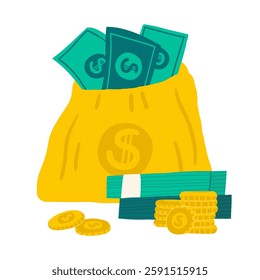 Money, finance, payment sign, icon, composition. Cute doodle market, earning, deposit, currency, payment illustration with pile, stack of American dollars, money bag. Financial business background