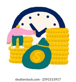 Money, finance, payment sign, icon, composition. Cute doodle market, earning, deposit, currency, payment illustration with pile, stack of American dollars, clock, man, money bag. Financial background