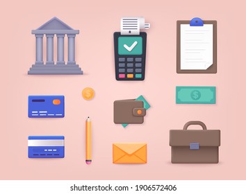 Money, finance, payments. Collection of business workflow items and elements, finance and marketing objects. 3D Vector Illustrations.