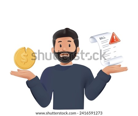 Money, finance problem 3D concept. Poor man lacking and losing cash. Upset sad character in poverty, need, financial trouble, crisis. 3D graphic vector illustration isolated on white background