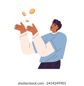 Money, finance problem concept. Poor man lacking and losing cash. Upset sad character in poverty, need, financial trouble, crisis. Flat graphic vector illustration isolated on white background