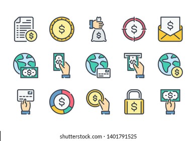 Money and Finance related color line icon set. Payment and Financial operations colorful linear icons.