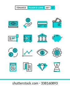 Money, finance, savings...Plain and line icons set, flat design vector illustration 