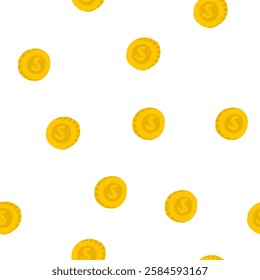 Money, finance seamless pattern. Cute hand drawn doodle market, earning, deposit, currency, payment repeatable background with flying golden coins. Financial business illustration