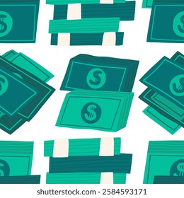 Money, finance seamless pattern. Cute hand drawn doodle market, earning, deposit, currency, payment repeatable background with pile, stack of American dollars. Financial business illustration