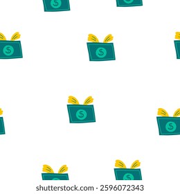Money, finance seamless pattern. Cute hand drawn doodle market, earning, deposit, currency, payment repeatable background with flying American dollars with wings. Financial business illustration