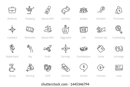 Money and finance. Set of icons. Drawn by hand. Line style hand drawn sketched.