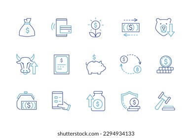 Money and finance - set of modern line design style icons on white background. Savings deposit and savings, dollar and cash, shares, piggy bank, financial turnover, wallet and coin, shareholder