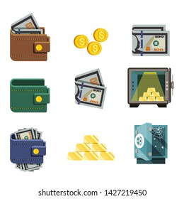 Money Finance Set. Vector Flat Design Images - Cash, Savings, Profit, Security. Icons for your website design, booklets, flyers