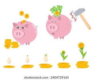 Money, finance. Set of vector illustrations of gold coins, piggy bank, dollars in flat style. Profit, financial growth.