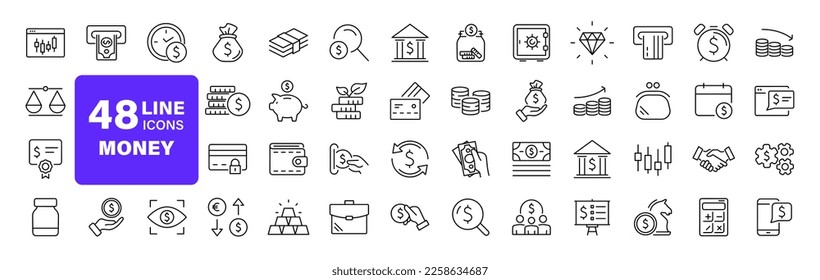 Money and finance set of web icons in line style. Payment and money icons for web and mobile app. Money, dollar, cash, pay, banking, business, finance, coin wallet, credit card. Vector illustration