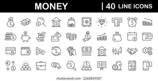 Money and finance set of web icons in line style. Payment and money icons for web and mobile app. Money, dollar, cash, pay, banking, business, finance, coin wallet, credit card. Vector illustration