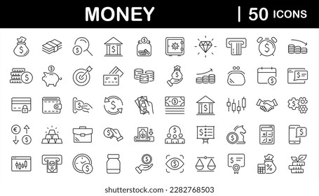 Money and finance set of web icons in line style. Payment and money icons for web and mobile app. Money, dollar, cash, pay, banking, business, finance, coin wallet, credit card. Vector illustration