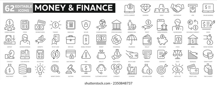 Money and finance set of web icons in line style. Payment and money icons for web and mobile app. Money, dollar, cash, pay, banking, business, finance, coin wallet, credit card. Vector illustration