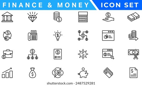 Money and finance set of web icons in line style. Payment and money icons for web and mobile app. Money, dollar, cash, pay, banking, business, finance, coin wallet, credit card. Vector illustration