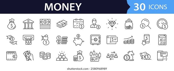 Money and finance set of web icons in line style. Payment and money icons for web and mobile app. Money, dollar, cash, pay, banking, business, finance, coin wallet, credit card. Vector illustration