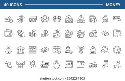 Money and finance set of web icons in line style. Payment and money icons for web and mobile app. Money, dollar, cash, pay, banking, business, finance, coin wallet, credit card. Vector illustration