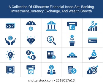 Money and finance solid icons set. including banking, investment, currency, growth, budget, economy, wallet, currency. Solid icons bundle, icons vector collection