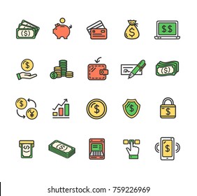 Money Finance Symbols and Signs Color Thin Line Icon Set Include of Mobile, Notebook and Chart. Vector illustration