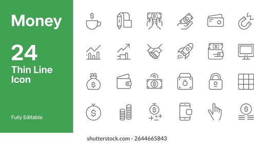 Money and finance thin line icon set for business and investment