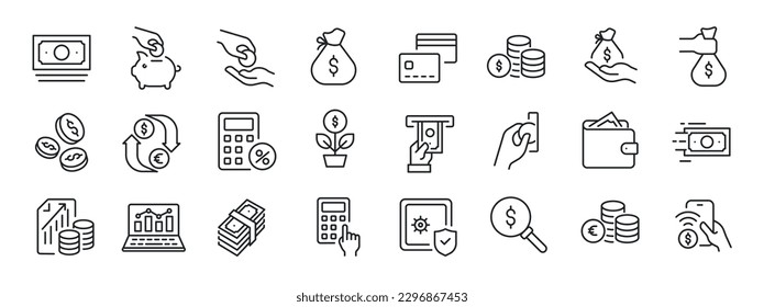 Money, finance thin line icons. For website marketing design, logo, app, template, ui, etc. Vector illustration.