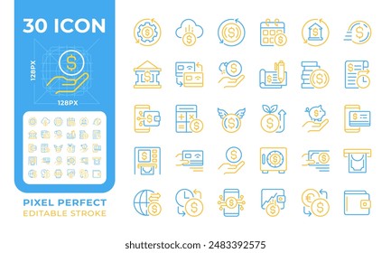 Money and finance two color line icons set. Budget planning. Banking icons. Online payment and transactions bicolor outline iconset isolated. Duotone pictograms thin linear. Editable stroke