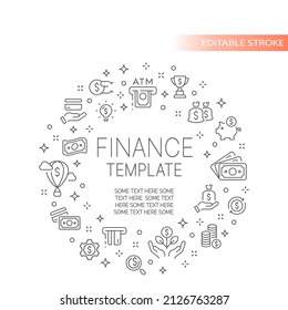 Money and finance vector frame template. Thin line, outlined business banner.
