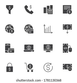 Money and finance vector icons set, modern solid symbol collection, filled style pictogram pack. Signs, logo illustration. Set includes icons as shopping payment, credit card, exchange dollar currency