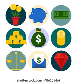 Money Finance Vector Icons Set with Piggy and Gold