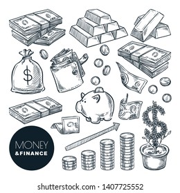 Money and finance vector sketch icons. Bank, payment, investment and commerce hand drawn isolated design elements.