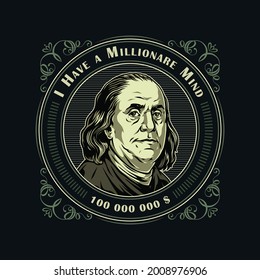 Money and finance vintage colorful badge with letterings and Benjamin Franklin portrait isolated vector illustration