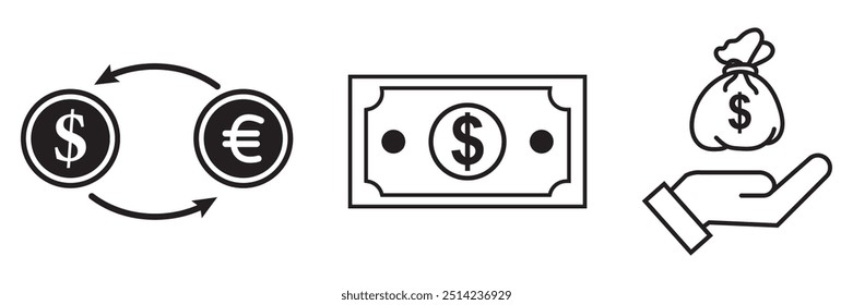 Money, finances, and coin-related icon set. wealth icon collection.