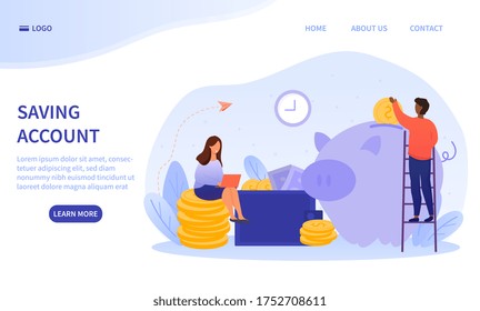 Money, finances and Savings Account concept with a multiracial couple with the woman seated on stacked gold coins as the man places money into a piggy bank, colored vector illustration