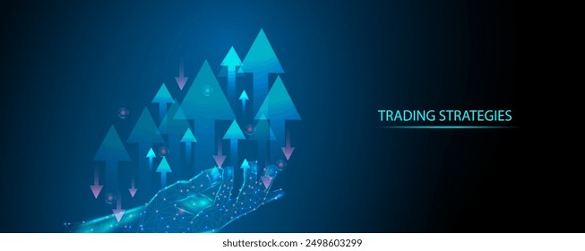 Money and financial concepts. Digital hand and rising arrow graph, abstract business technology blue background.