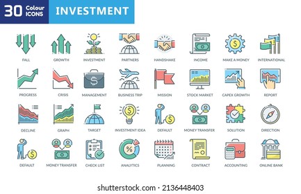 Money And Financial Icons. Contains Icons Such As E-banking, Initial Public Offering, Investment Portfolio, Real Estate Investment, And More. Editable Stroke. 