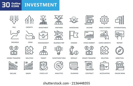 Money And Financial Outline Icons. Contains Icons Such As E-banking, Initial Public Offering, Investment Portfolio, Real Estate Investment, And More. Editable Stroke. 