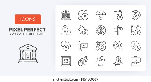 Money and financial thin line icon set. Outline symbol collection. Editable vector stroke. 256x256 Pixel Perfect scalable to 128px, 64px...