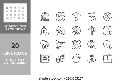 Money and financial thin line icon set. Outline symbol collection. Editable vector stroke. 64 and 256 Pixel Perfect scalable to 128px