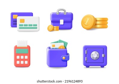 Money or financial vector icon set. Coin, money stack, wallet, safe box and payment P terminal 3d symbols.