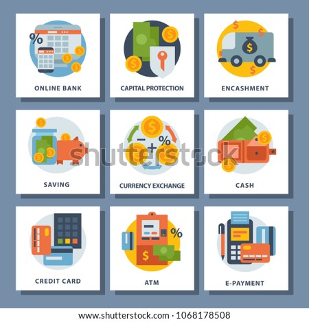 Money finanse vector icons banking safety business currency card financial deposit bank payment illustration.