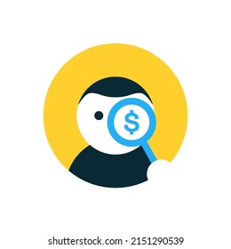 Money finder logo design. User holds magnifying glass with dollar sign inside. Search money icon. Discount searching icon concept. Vector illustration 