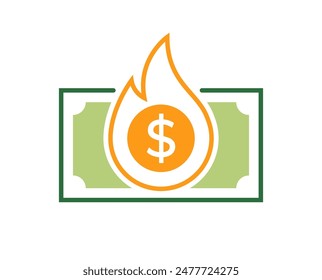 Money fire burn logo icon template. Vector of money and coins combined with fire