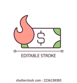 Money and fire RGB color icon. Worthless money and inflation. Hyperinflation. Financial crisis. Isolated vector illustration. Simple filled line drawing. Editable stroke. Arial font used